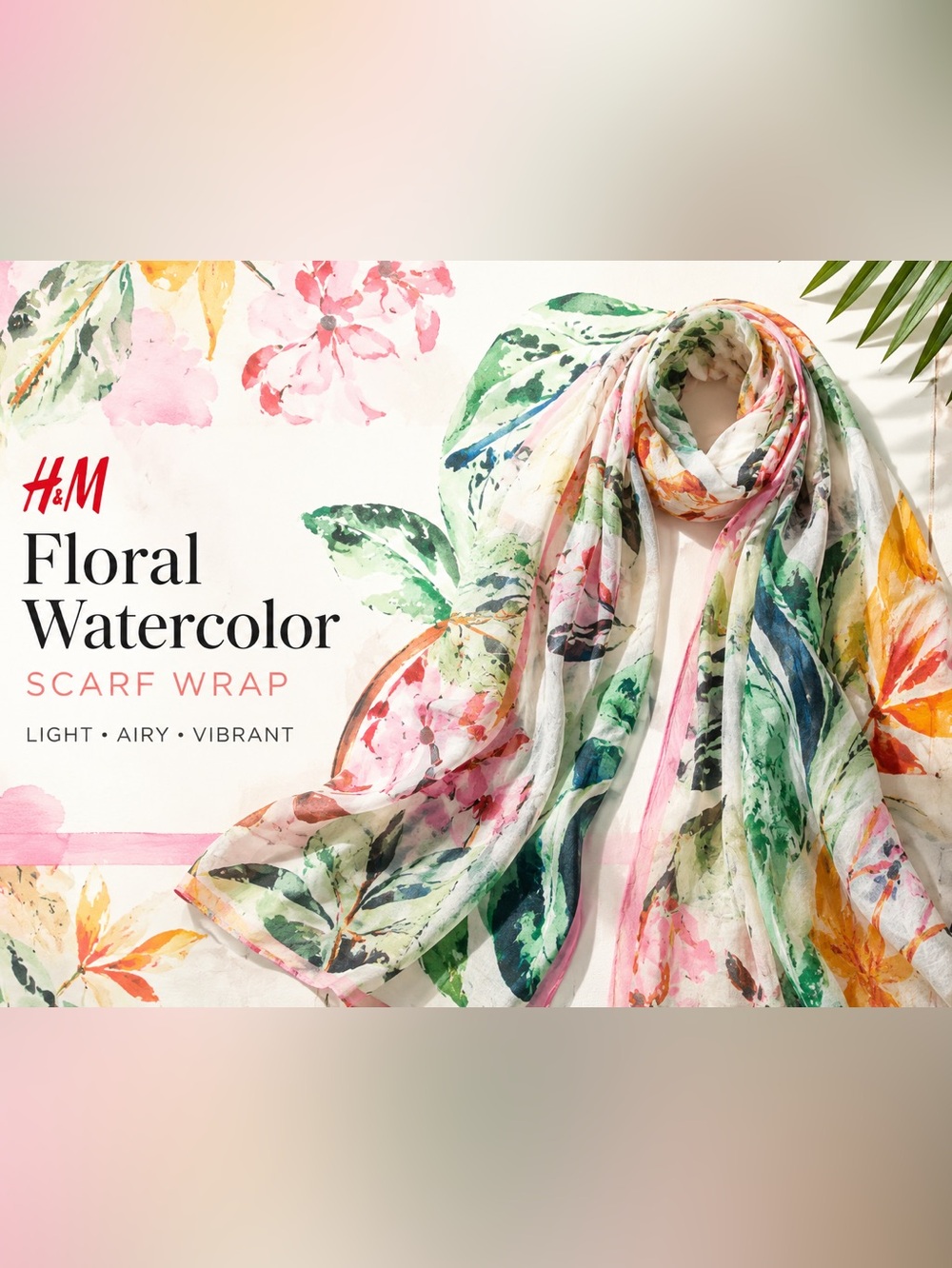 H&M Floral Watercolor Scarf Wrap Tropical Print Pink Green 70”x47” Lightweight
